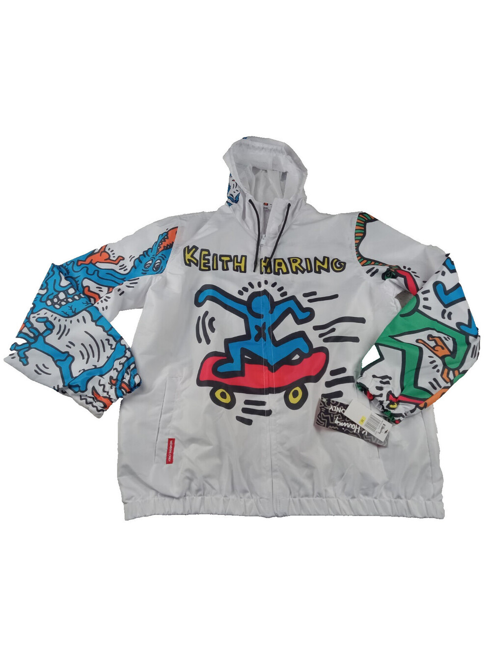 Members Only Keith Haring Windbreaker Jacket Mens Medium White Pop Art Hooded M